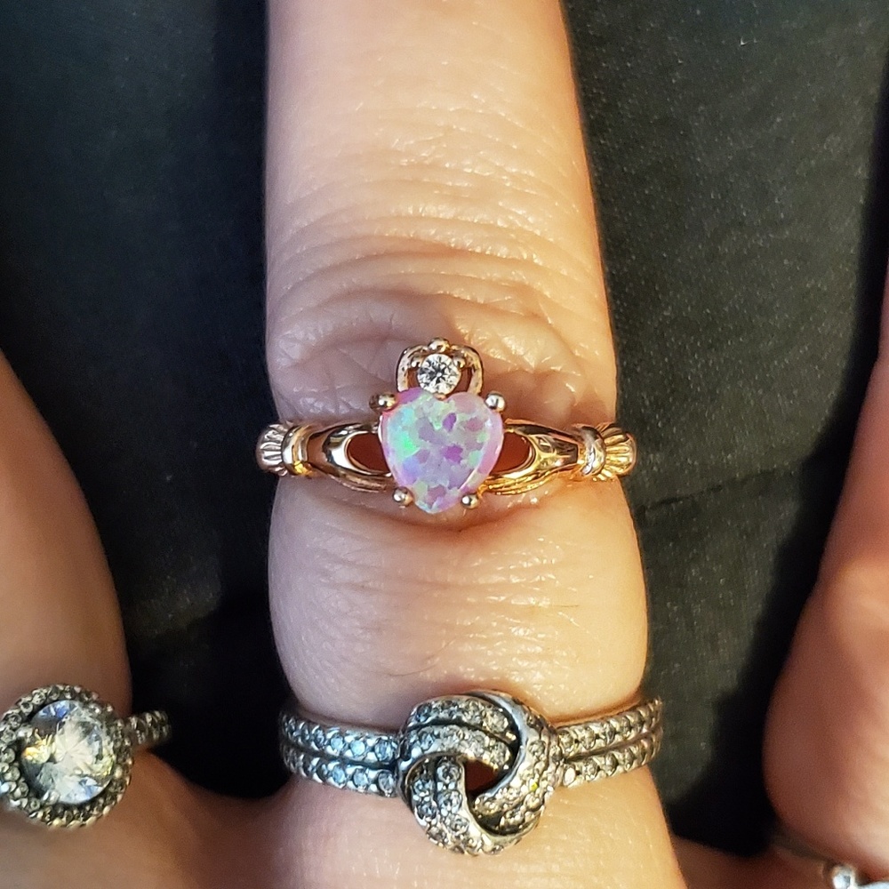 Pink Opal Claddagh ~rose gold plated ~sz 7